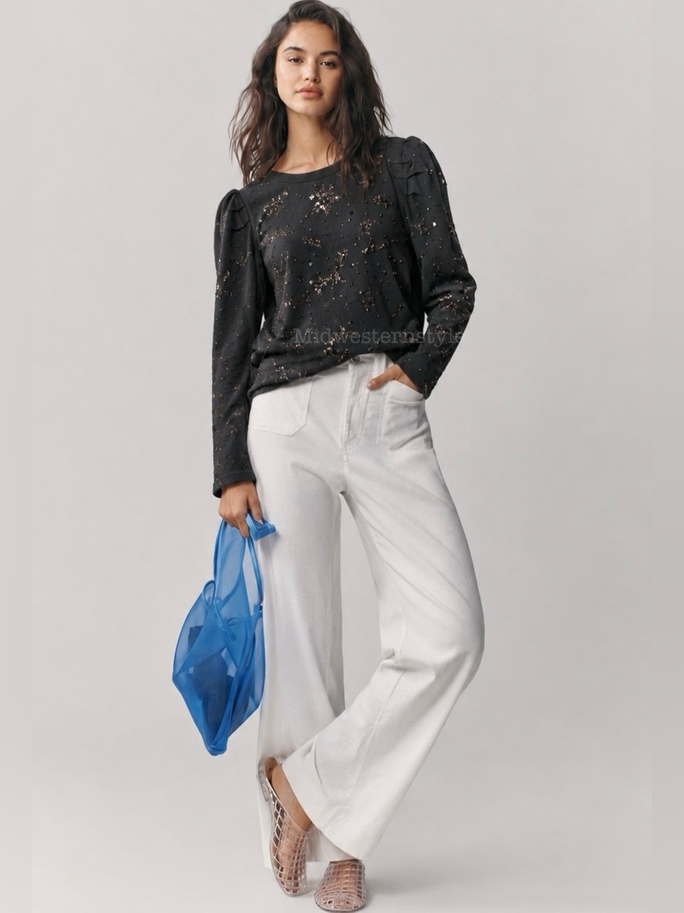 NWT! Anthropologie Pilcro Black Embellished Puff-Sleeve Top - PETITE ONLY 🅰️